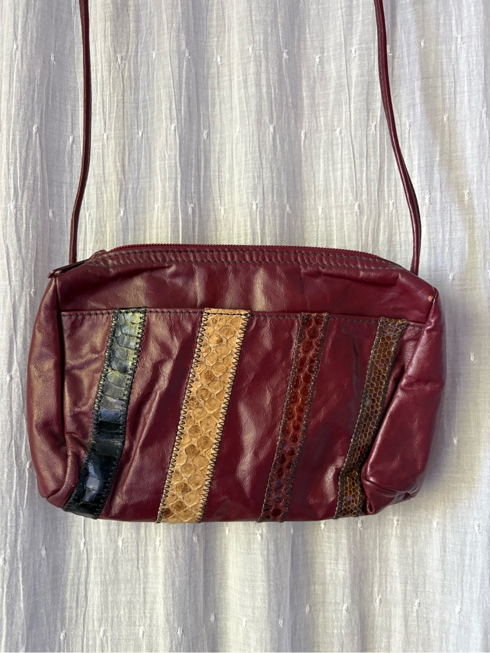 Maroon Leather Patch-Strip Crossbody Bag
